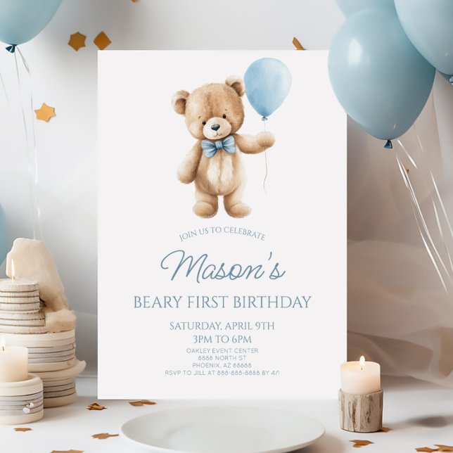 Teddy Bear Blue Beary First 1st Birthday Party Invitation (Creator Uploaded)