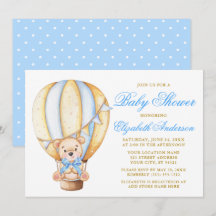 Teddy Bear Blue Bow Air Balloon Dots Baby Shower