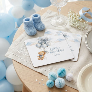 Teddy Bear Blue Bow Balloons Clouds Baby Boy Square Paper Coaster