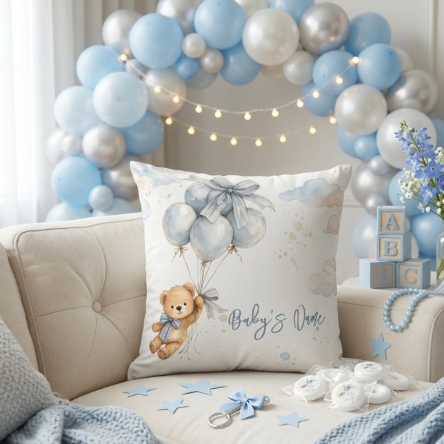 Teddy Bear Blue Bow Balloons Clouds Baby Boy Throw Pillow (Creator Uploaded)