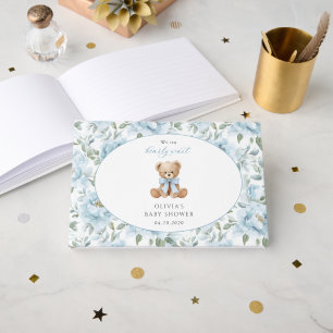 Teddy Bear, Blue Bow, Blue Flowers, Baby Shower Guest Book