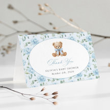 Teddy Bear, Blue Bow, Blue Flowers, Baby Shower