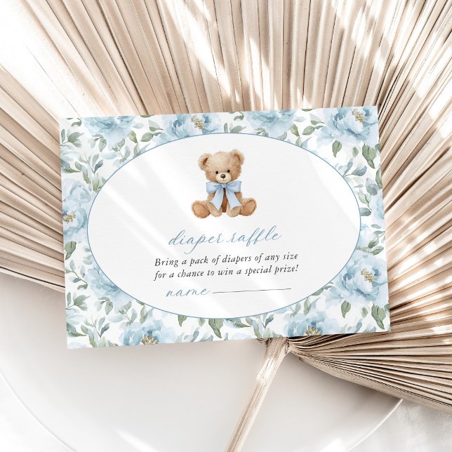 Teddy Bear, Blue Bow, Blue Flowers, Diaper Raffle Enclosure Card (Creator Uploaded)