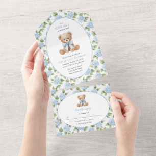 Teddy Bear, Blue Bow, Blue Flowers, First Birthday All In One Invitation