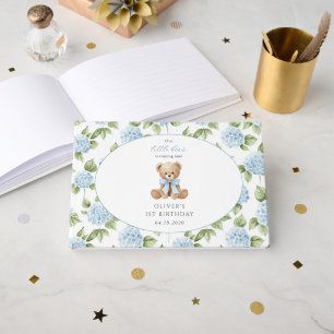 Teddy Bear, Blue Bow, Blue Flowers, First Birthday Guest Book