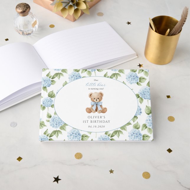 Teddy Bear, Blue Bow, Blue Flowers, First Birthday Guest Book (Front Open)