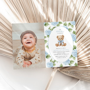 Teddy Bear, Blue Bow, Blue Flowers, First Birthday Invitation