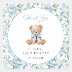 Teddy Bear, Blue Bow, Blue Flowers, First Birthday Square Sticker