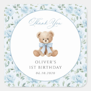 Teddy Bear, Blue Bow, Blue Flowers, First Birthday Square Sticker