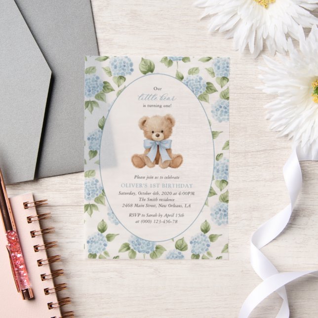 Teddy Bear, Blue Bow, Blue Flowers, First Birthday Vellum Invitations (Wedding)