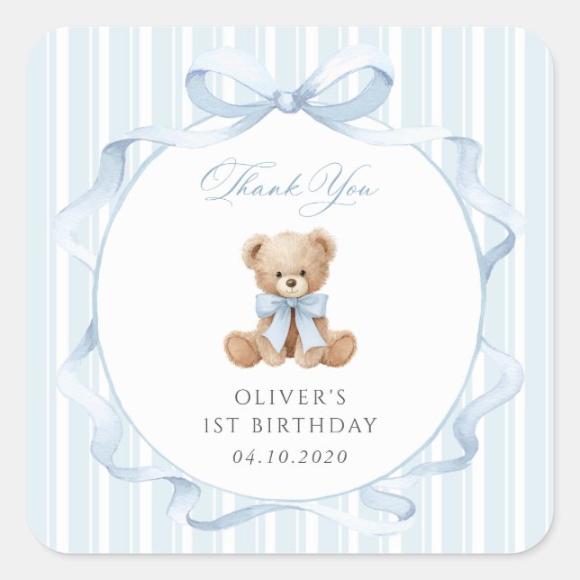 Teddy Bear, Blue Bow, Blue Stripes, First Birthday Square Sticker (Front)
