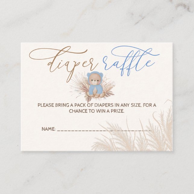 Teddy Bear Blue Boy Baby Shower Diaper Raffle Enclosure Card (Front)