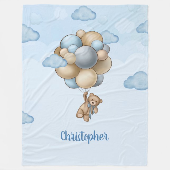 Teddy bear blue brown beige balloons baby shower fleece blanket (Front)