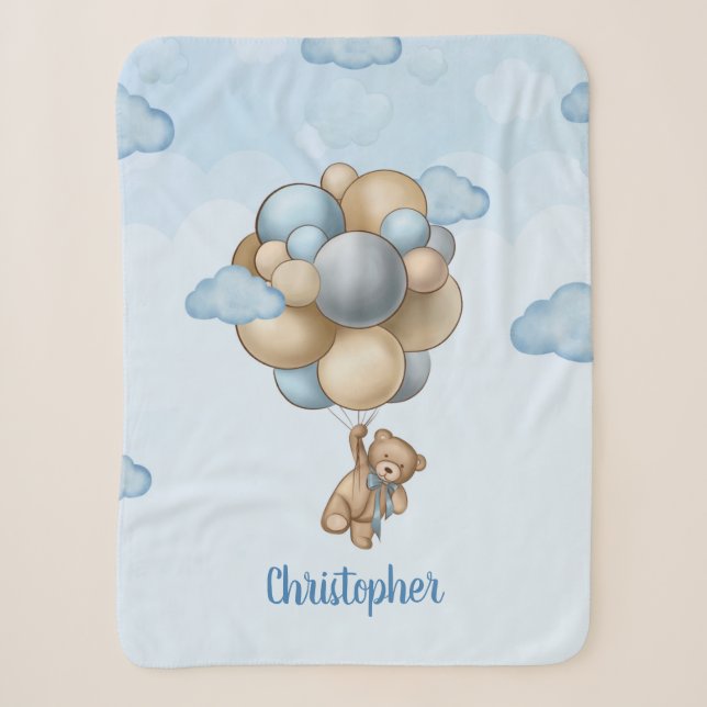 Teddy bear blue brown beige balloons personalized  sherpa blanket (Front)