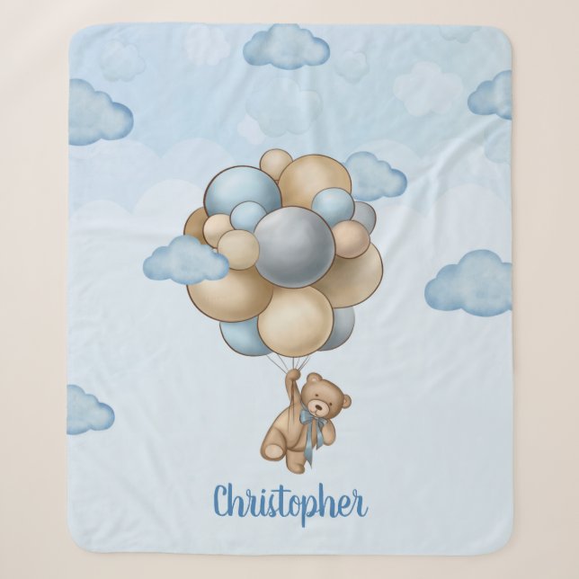 Teddy bear blue brown beige balloons personalized sherpa blanket (Front)