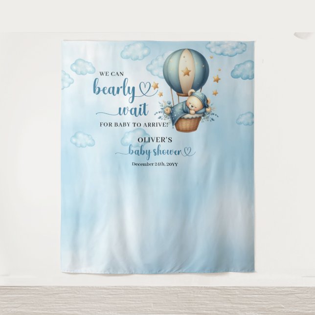 Teddy bear blue brown beige hot air balloon boy tapestry (Front)