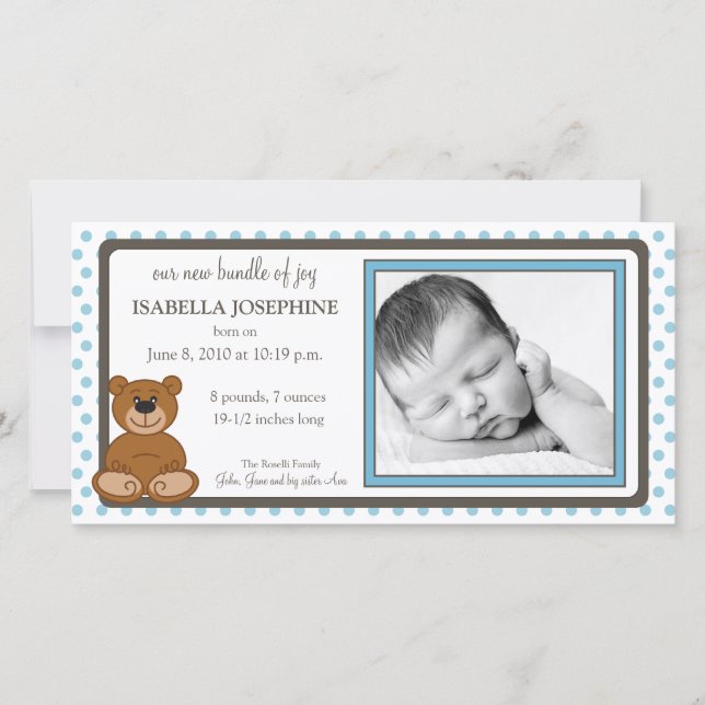 Teddy Bear Blue Customized Birth Announcement (Front)