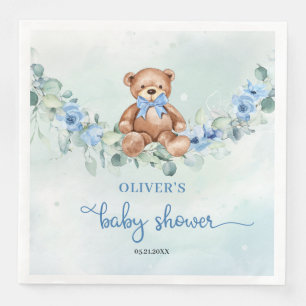 Teddy bear blue floral eucalyptus boy baby shower napkin