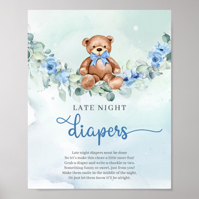 Teddy bear blue floral Late Night Diapers game Poster (Front)