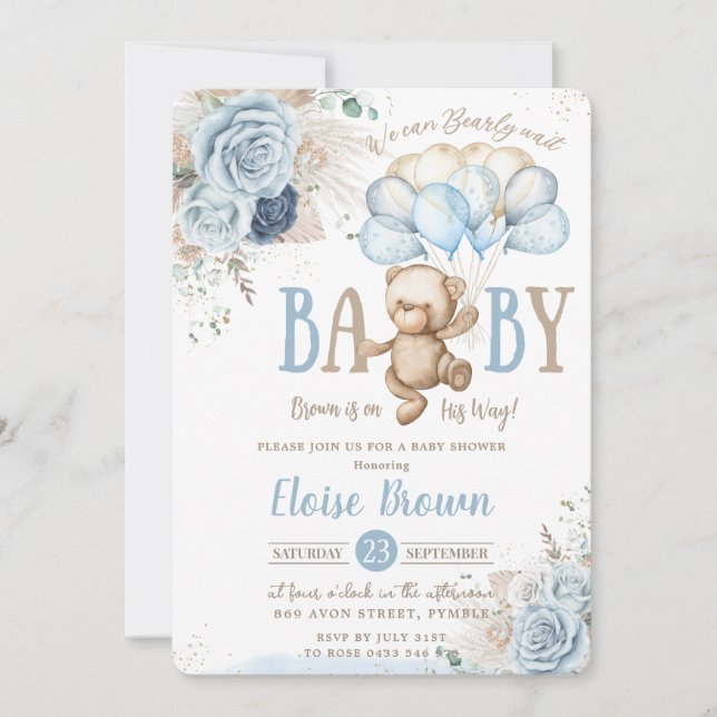 Teddy Bear Blue Floral Pampas Grass Baby Shower Invitation (Front)