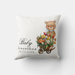 Teddy Bear Blue Floral Rustic Throw Pillow