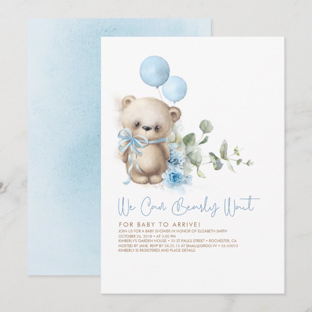 Teddy Bear Blue Flowers and Greenery Baby Shower Invitation (Front/Back)