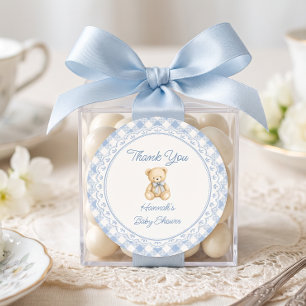 Teddy Bear Blue Gingham Baby Shower Classic Round Sticker