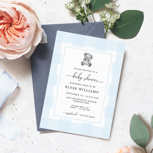 Teddy Bear Blue Gingham Baby Shower Invitation (Creator Uploaded)