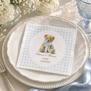 Teddy Bear Blue Gingham Boy Baby Shower Napkin