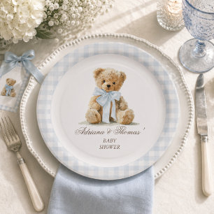 Teddy Bear Blue Gingham Boy Baby Shower Paper Plate