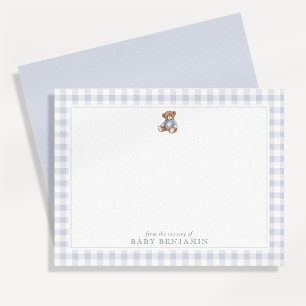 Teddy Bear Blue Gingham Preppy Nursery Note Card