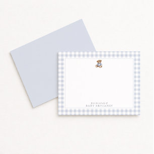 Teddy Bear Blue Gingham Preppy Nursery Note Card