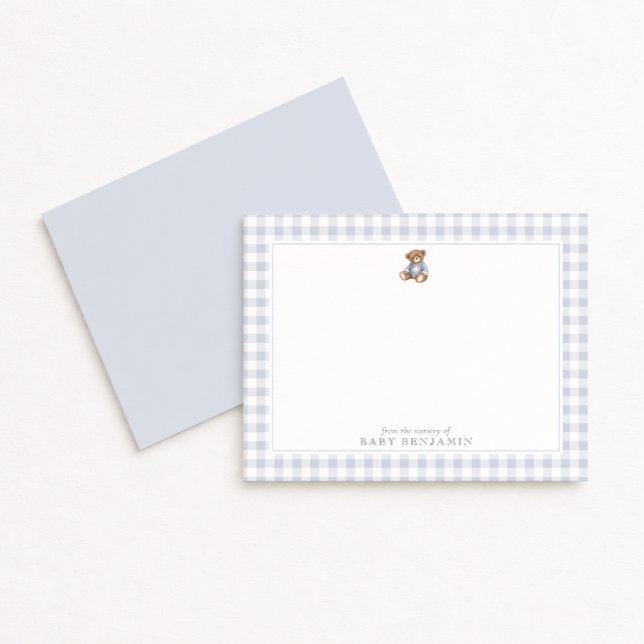 Teddy Bear Blue Gingham Preppy Nursery Note Card (Creator Uploaded)