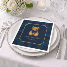 Teddy Bear Blue Green Plaid Preppy Boy Baby Shower