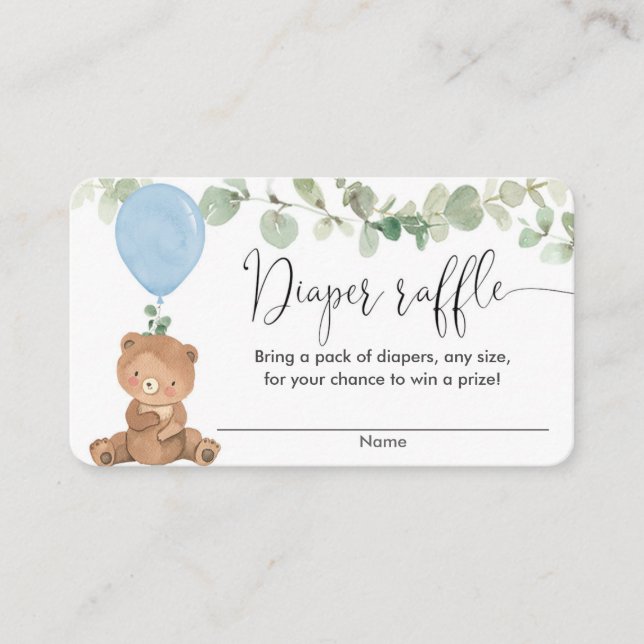 Teddy bear blue greenery boy shower diaper raffle enclosure card (Front)