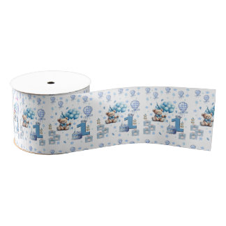 Teddy Bear Blue Happy 1st. Birthday Ribbon Grosgrain Ribbon