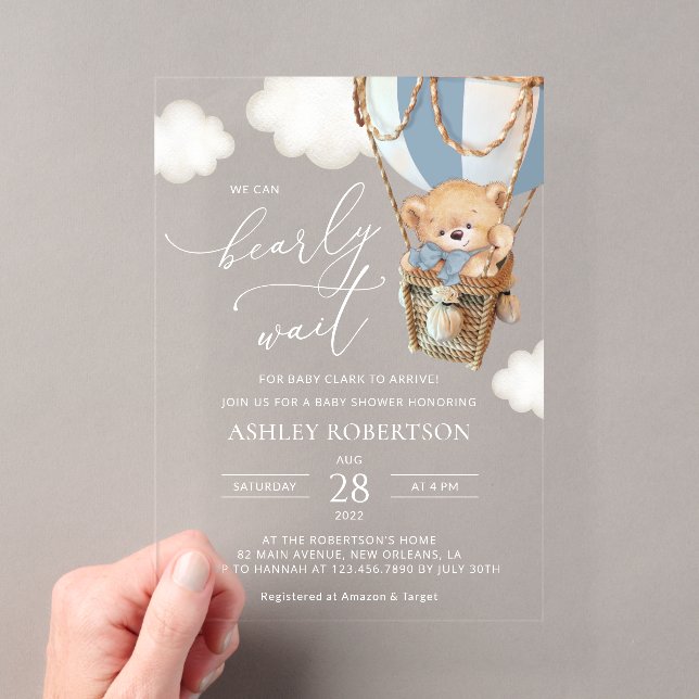 Teddy Bear, Blue Hot Air Balloon, Baby Shower Acrylic Invitations (Insitu (Handheld))