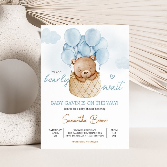 Teddy Bear Blue Hot Air Balloon Baby Shower  Invitation (Boy We Can Bearly Wait Baby Shower Invitation)