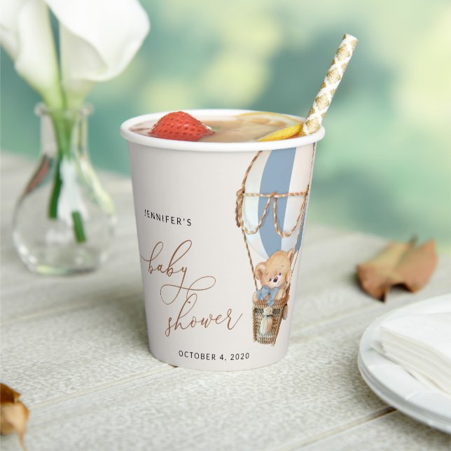 Teddy Bear, Blue Hot Air Balloon, Baby Shower Paper Cups (Insitu)