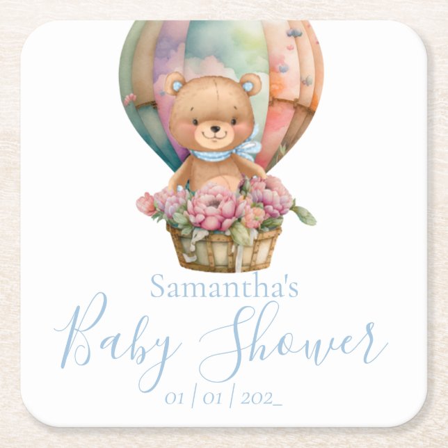 Teddy Bear Blue Hot Air Balloon Baby Shower  Square Paper Coaster (Front)