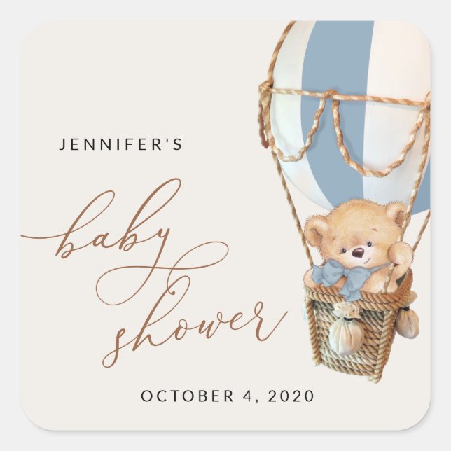 Teddy Bear, Blue Hot Air Balloon, Baby Shower Square Sticker (Front)