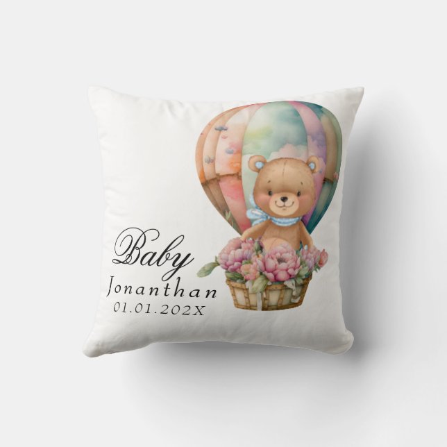 Teddy Bear Blue Hot Air Balloon Baby  Throw Pillow (Back)