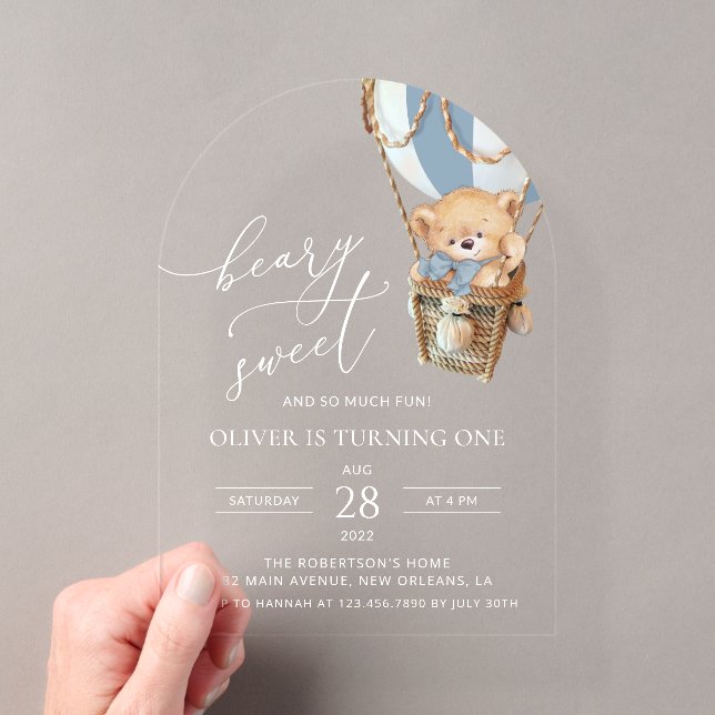 Teddy Bear, Blue Hot Air Balloon, First Birthday Acrylic Invitations (Insitu (Handheld))