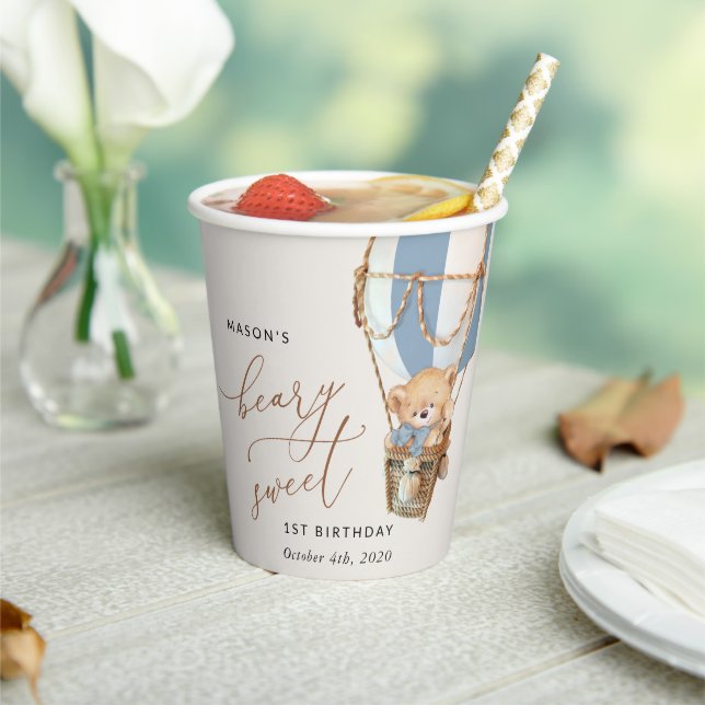 Teddy Bear, Blue Hot Air Balloon, First Birthday Paper Cups (Insitu)