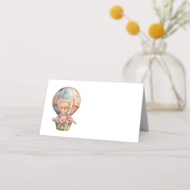 Teddy Bear Blue Hot Air Balloon Party Table Card (Back)