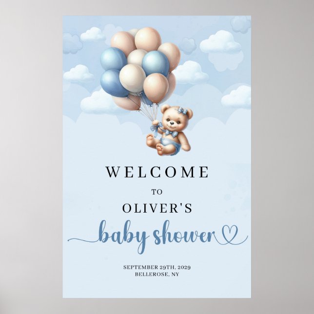 Teddy bear blue ivory Boy Baby Shower Welcome Poster (Front)
