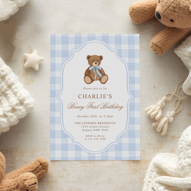 Teddy Bear Blue Minimalist Boy Birthday Invitation (Creator Uploaded)