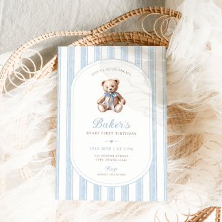 Teddy Bear Blue Minimalist Boy Birthday Invitation