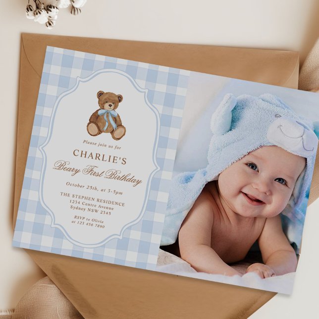 Teddy Bear Blue Minimalist Boy Birthday Photo Invitation (Creator Uploaded)
