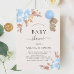 Teddy bear blue pampas floral boy Baby Shower Invitation<br><div class="desc">For a modern boho style baby shower.  White background. Decorated with light blue florals,  roses,  pampas grass and a teddy bear boy holding a blue balloon.  Personalize and add a name and party details.</div>